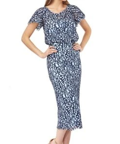 Plus Size Dresses JS Collections - 866800 Short Sleeves Blouson Lace Sheath Midi Dress