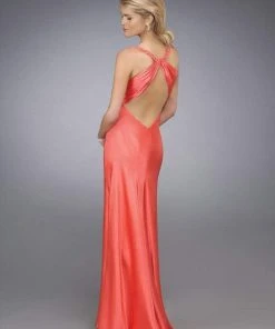 La Femme - 12139 Brooch Ornate Ruched V-Neck Evening Gown Formal Gowns