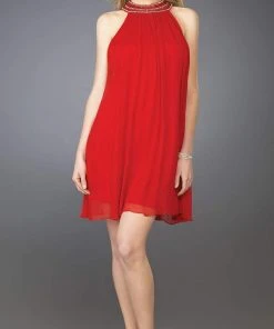 La Femme - 13963 Flirty Pleated Halter A-Line Dress