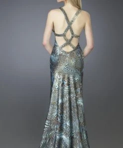 La Femme - 14148 Printed Sleeveless V-neck Long Trumpet Gown