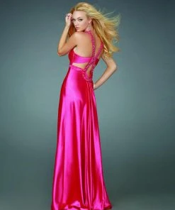 Formal Gowns La Femme - 14345 Beaded V-Neckline Crisscross Back Satin Gown