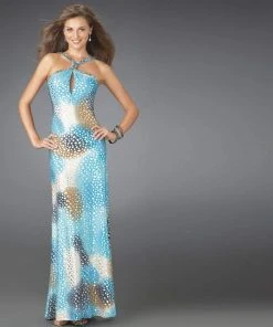 La Femme - 14401 Printed Halter Neck Column Evening Dress Formal Gowns