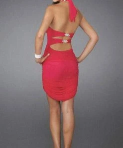 La Femme - 14490 Ruched Halter Mini With Beaded Brooches