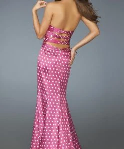La Femme - 14763 Sultry Plunging V-Neck Polka Dot Sheath Gown Formal Gowns