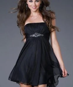 Cocktail Dresses La Femme - 15851 Jewel Embellished Ruched Straight Neck Chiffon A-line Dress