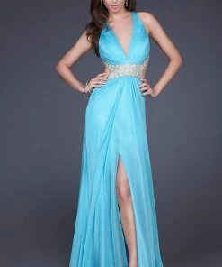 La Femme - 16100 Gold Strap Crisscross Back Halter Style Evening Gown