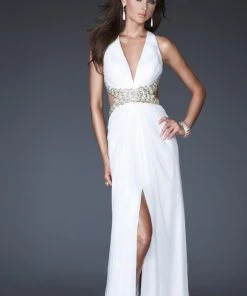 La Femme - 16100 Gold Strap Crisscross Back Halter Style Evening Gown