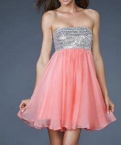 Cocktail Dresses La Femme - 18063 Sequined Straight Neck Empire Waist A-line Dress