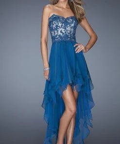 Cocktail Dresses La Femme - 19607 Lace Sweetheart Handkerchief High-Low Gown