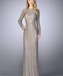 La Femme - 23115 Lace Long Sleeves Sheath Long Dress Formal Gowns