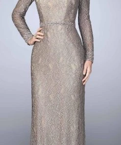 La Femme - 23115 Lace Long Sleeves Sheath Long Dress Formal Gowns