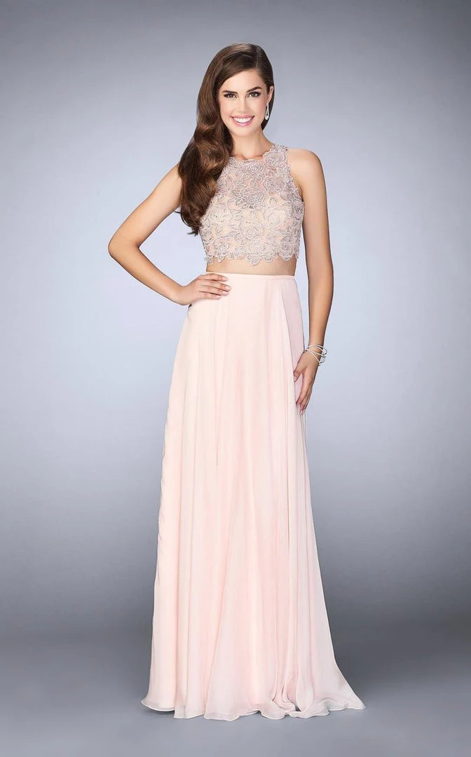 Formal Gowns La Femme 23775SC Sleeveless Two-Piece Lace And Chiffon Gown - 3 Pc Blush In Sizes 2, 10, & 12 Available 3 Formal Gowns La Femme 23775SC Sleeveless Two-Piece Lace And Chiffon Gown - 3 Pc Blush In Sizes 2, 10, & 12 Available