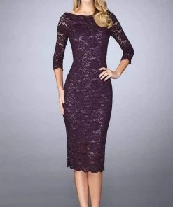 La Femme - 24875 Lace Tea Length Dress