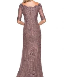 La Femme - 26943SC Bedazzled Scalloped V-neck Trumpet Dress - 1 Pc Cocoa In Size 6 Available Formal Gowns