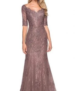 La Femme - 26943SC Bedazzled Scalloped V-neck Trumpet Dress - 1 Pc Cocoa In Size 6 Available Formal Gowns