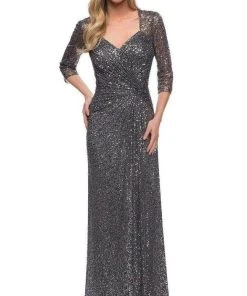 Homecoming Dresses La Femme - 27930SC Sequined V-neck Evening Dress - 1 Pc Gunmetal In Size 14 Available