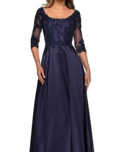 La Femme - 27988 Quarter Length Sleeve Scoop Neck Evening Dress - 1 Pc Navy In Size 16 Available