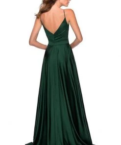 La Femme - 28607SC Spaghetti Strap Deep V Neck High Leg Slit Satin Gown Formal Gowns