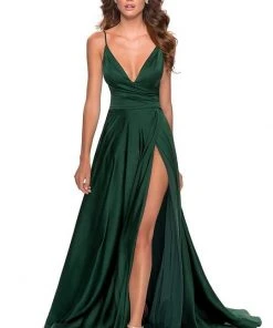 La Femme - 28607SC Spaghetti Strap Deep V Neck High Leg Slit Satin Gown Formal Gowns