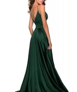 La Femme - 28607SC Spaghetti Strap Deep V Neck High Leg Slit Satin Gown Formal Gowns