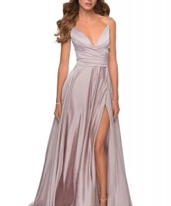 La Femme - 28607SC Spaghetti Strap Deep V Neck High Leg Slit Satin Gown Formal Gowns