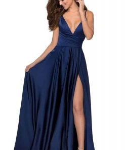 La Femme - 28607SC Spaghetti Strap Deep V Neck High Leg Slit Satin Gown Formal Gowns