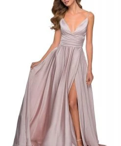 La Femme - 28607SC Spaghetti Strap Deep V Neck High Leg Slit Satin Gown Formal Gowns
