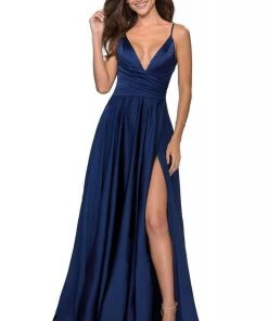 La Femme - 28607SC Spaghetti Strap Deep V Neck High Leg Slit Satin Gown Formal Gowns
