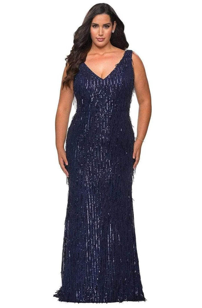 Formal Gowns La Femme - 28946SC Sequined Deep V-neck Long Gown - 1 Pc Navy In Size 14W Available 3 Formal Gowns La Femme - 28946SC Sequined Deep V-neck Long Gown - 1 Pc Navy In Size 14W Available