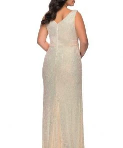 Formal Gowns La Femme - 29046SC Plunging V-Neck Sequined Gown With High Slit - 1 Pc Silver In Size 12W Available 6 Formal Gowns La Femme - 29046SC Plunging V-Neck Sequined Gown With High Slit - 1 Pc Silver In Size 12W Available