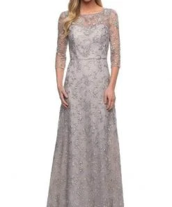 Formal Gowns La Femme - 29153 Illusion Bateau Neck Long Gown - 1 Pc Pearl Silver In Size 14 Available