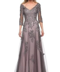 La Femme - 29205SC Floral Appliqued V-neck Formal Gown - 1 Pc Pink/Gray In Size 6 Available