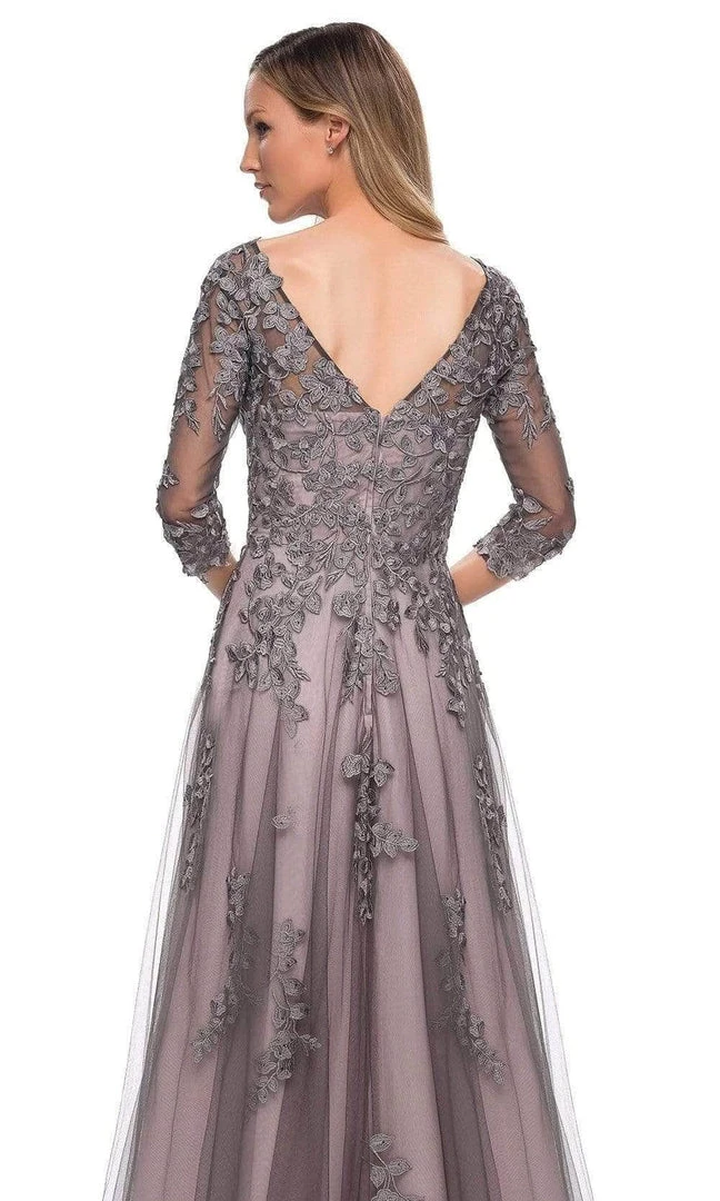 La Femme - 29205SC Floral Appliqued V-neck Formal Gown - 1 Pc Pink/Gray In Size 6 Available 6 La Femme - 29205SC Floral Appliqued V-neck Formal Gown - 1 Pc Pink/Gray In Size 6 Available