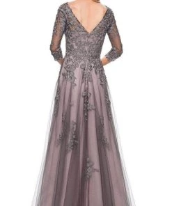 La Femme - 29205SC Floral Appliqued V-neck Formal Gown - 1 Pc Pink/Gray In Size 6 Available