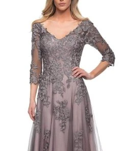La Femme - 29205SC Floral Appliqued V-neck Formal Gown - 1 Pc Pink/Gray In Size 6 Available 8 La Femme - 29205SC Floral Appliqued V-neck Formal Gown - 1 Pc Pink/Gray In Size 6 Available