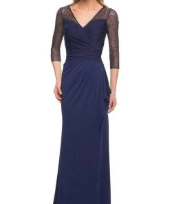 La Femme - 30028SC Sheer Quarter Length Sleeve V-neck Long Dress - 1 Pc Navy In Size 10 Available