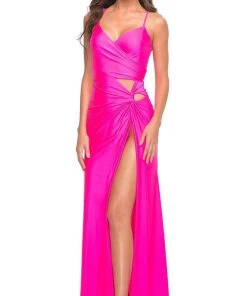 La Femme - 30667SC Sleeveless Ruched V-neck Evening Dress - 1 Pc Neon Pink In Size 4 Available