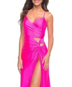 La Femme - 30667SC Sleeveless Ruched V-neck Evening Dress - 1 Pc Neon Pink In Size 4 Available