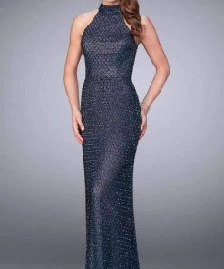 La Femme - Beaded Sleeveless Racerback Sheath Gown 24258SC - 1 Pc Navy In Size 2 Available Formal Gowns