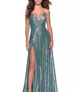 La Femme - Crisscross Back Sequined Dress With Slit 28276SC - 1 Pc Mint In Size 2 Available Formal Gowns 7 La Femme - Crisscross Back Sequined Dress With Slit 28276SC - 1 Pc Mint In Size 2 Available Formal Gowns