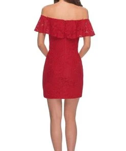 La Femme - Draped Lace Off Shoulder Short Dress 28147SC 8 La Femme - Draped Lace Off Shoulder Short Dress 28147SC