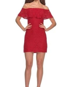 La Femme - Draped Lace Off Shoulder Short Dress 28147SC 9 La Femme - Draped Lace Off Shoulder Short Dress 28147SC