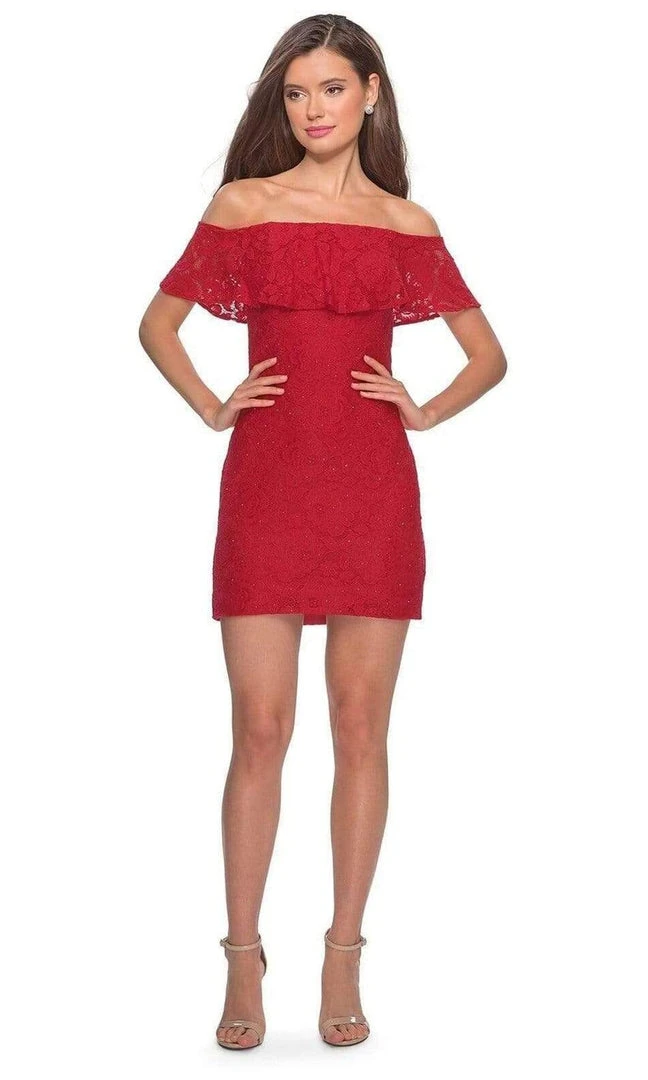 La Femme - Draped Lace Off Shoulder Short Dress 28147SC 5 La Femme - Draped Lace Off Shoulder Short Dress 28147SC
