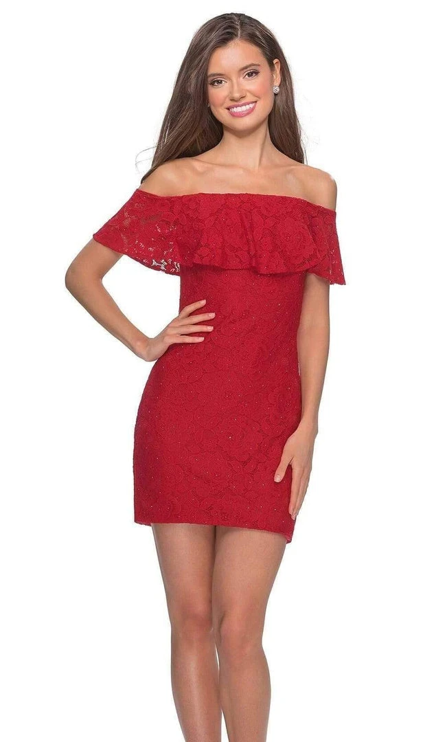 La Femme - Draped Lace Off Shoulder Short Dress 28147SC 6 La Femme - Draped Lace Off Shoulder Short Dress 28147SC