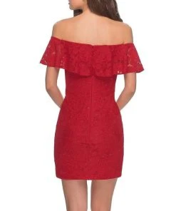 La Femme - Draped Lace Off Shoulder Short Dress 28147SC 11 La Femme - Draped Lace Off Shoulder Short Dress 28147SC