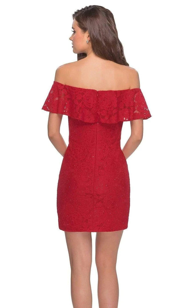 La Femme - Draped Lace Off Shoulder Short Dress 28147SC 7 La Femme - Draped Lace Off Shoulder Short Dress 28147SC
