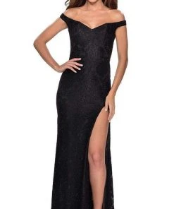 La Femme - Embellished Off Shoulder High Slit Dress 28301SC - 1 Pc Black In Size 10 Available Formal Gowns