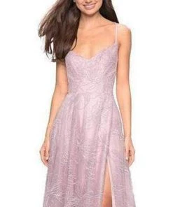 La Femme - Fitted Thin Straps V-Neck A-Line Dress 27704SC - 1 Pc Pale Yellow In Size 4 Available