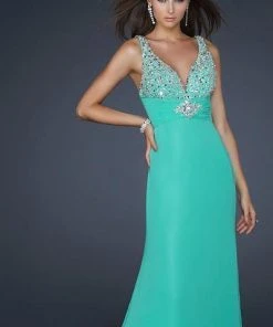 La Femme Gigi - 17665 Jewel Embellished V-Neck Chiffon A-line Gown