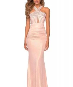 La Femme - High Halter Sheath Evening Dress 28745SC - 1 Pc Blush In Size 6 Available